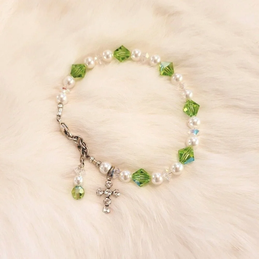 Christian Cross Bracelet Rhinestone Charm Green Crystal Boho Western‎ 9135